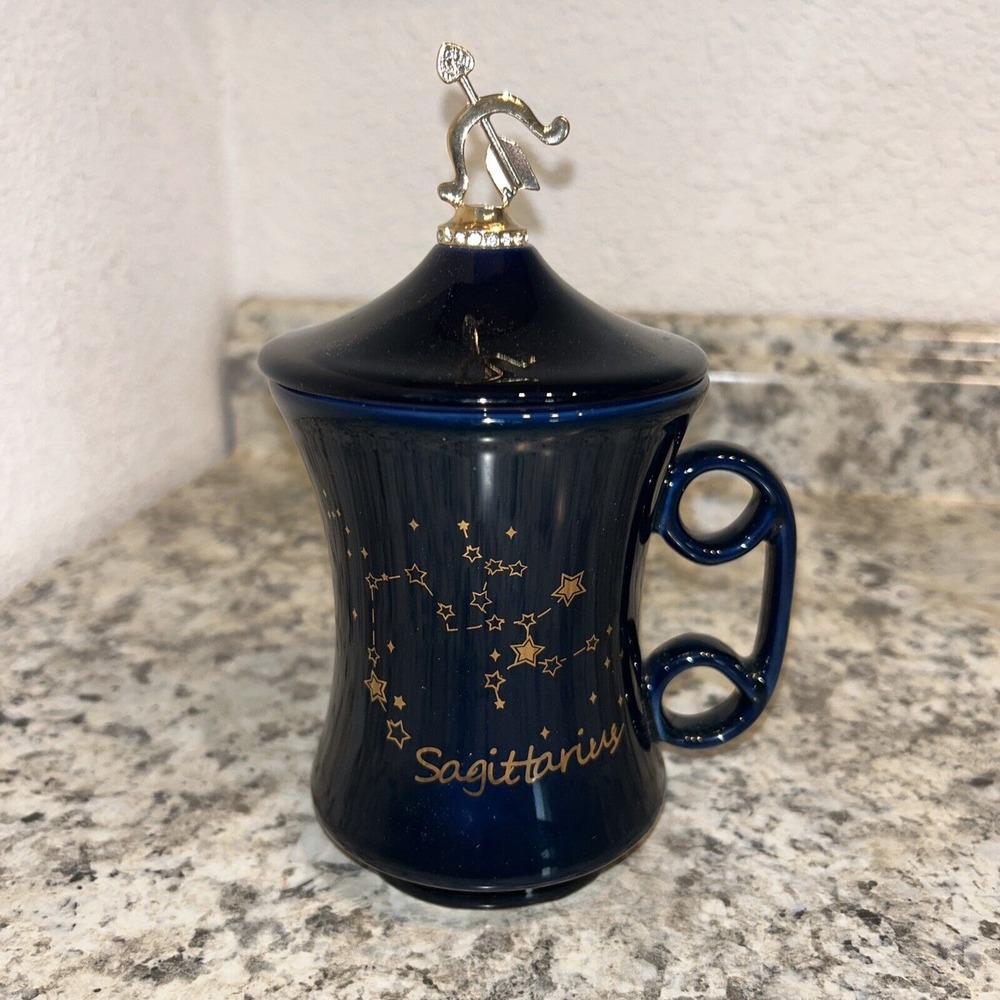 Navy‎ Blue Sagittarius Zodiac Mug With Lid & Handle Tea Coffee